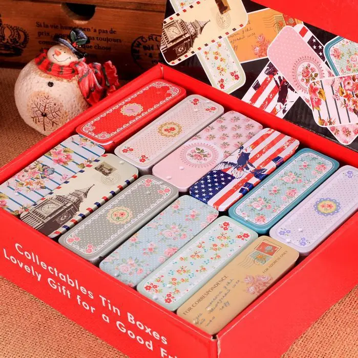 

Free Shipping!48pcs/box Mini Tin Box Rectangle Small Metal Coin Saver Jewerly Case Vintage Style Pill case Candy Can 12design