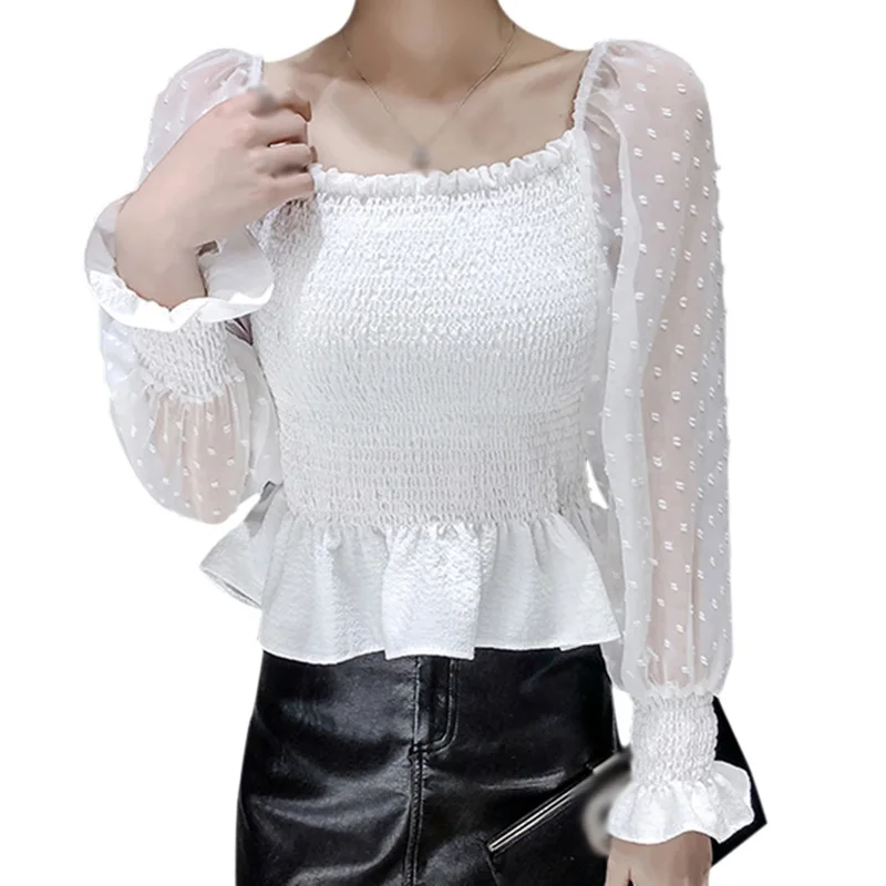 

Women Shirt Korean Style Square Neck Blouses Puff Sleeve Sexy Tops Slim Solid Long Sleeve Chiffon Camisa Saco Green One Size