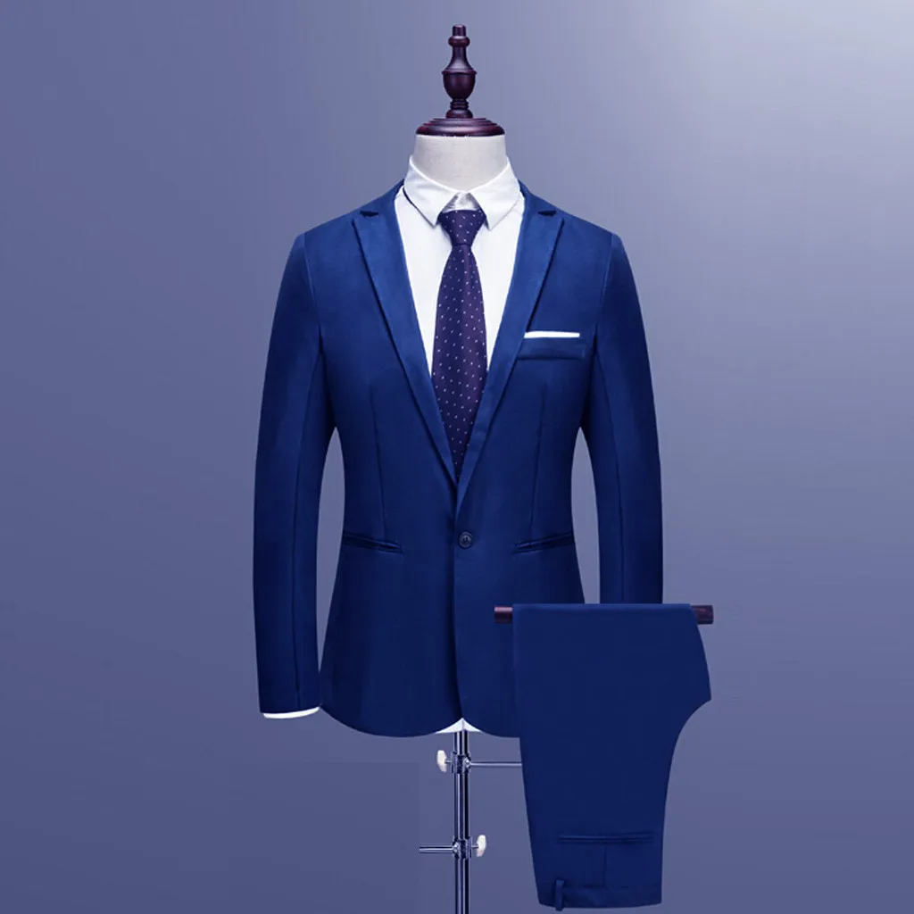 New design Men's Suits Slim Button Suit Pure Color Dress Host Show Jacket Coat & Pant Formal Blazer Suit Plus Size Homme