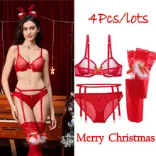 Merry Christmas, женский сексуальный комплект с бюстгальтером, нижнее белье, подвязки, чулки, 4 штуки, красный костюм для рождения