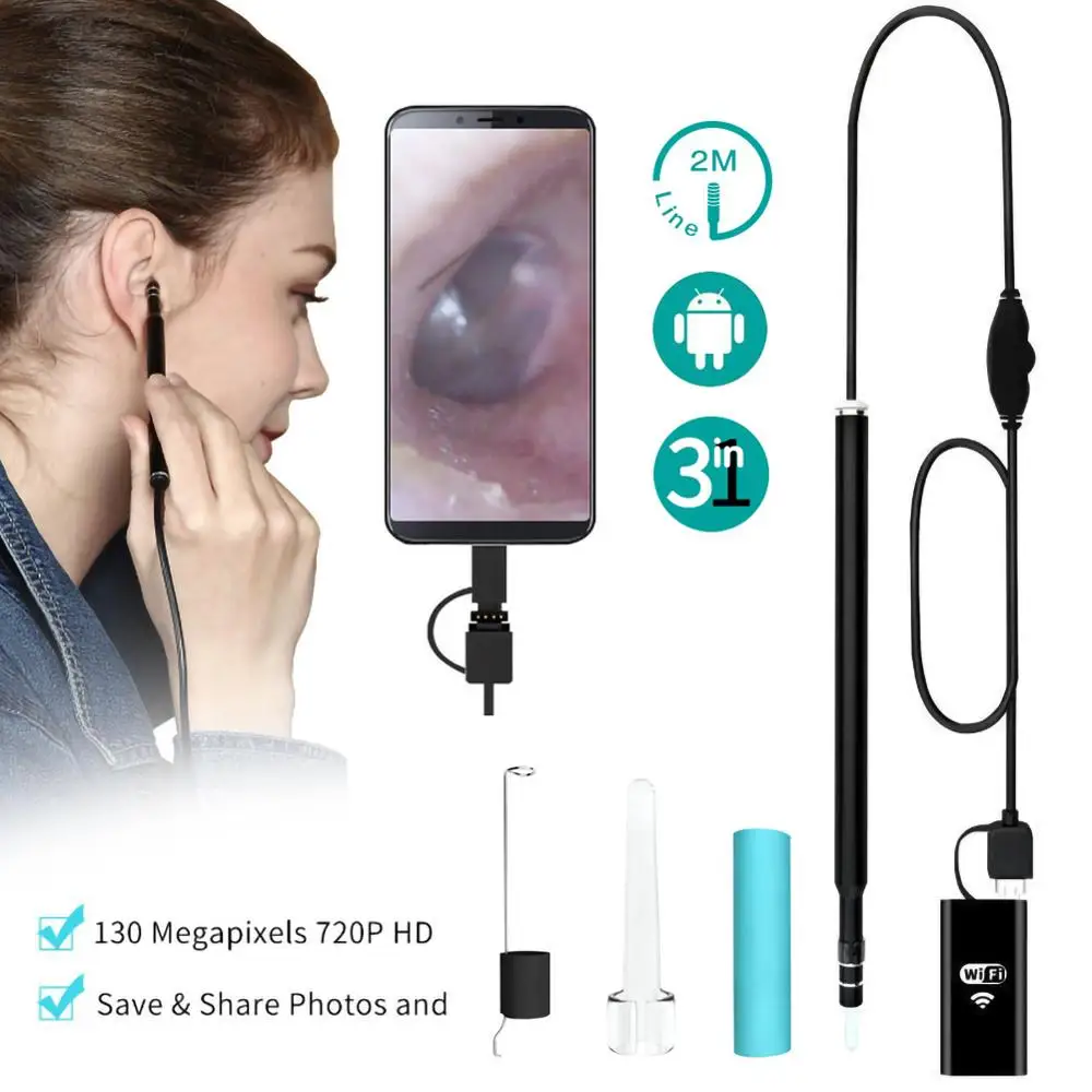 

5.5MM Wifi Ear Cleaner Wireless Otoscope HD 720P 3 in 1 USB Ear Cleaning Endoscope Visual Earpick Tool For iPhone For Android
