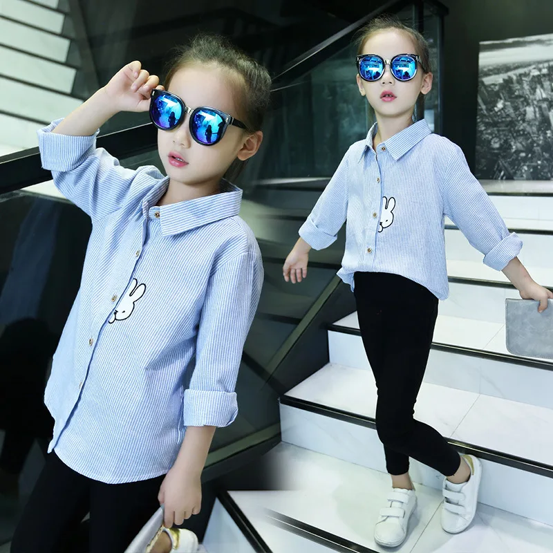 

Girl'S Shirt 2019 Korean-style Spring And Autumn Childrenswear Big Boy Shirt Children Rabbit Embroidered Stripes Hipster Shirt
