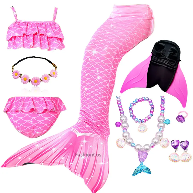 Swimming Mermaid Tail Kids Girls Halloween Costume Cosplay Children Swimsuit Fantasy Beach Bikini Can Add Monofin Fin Birthday |
