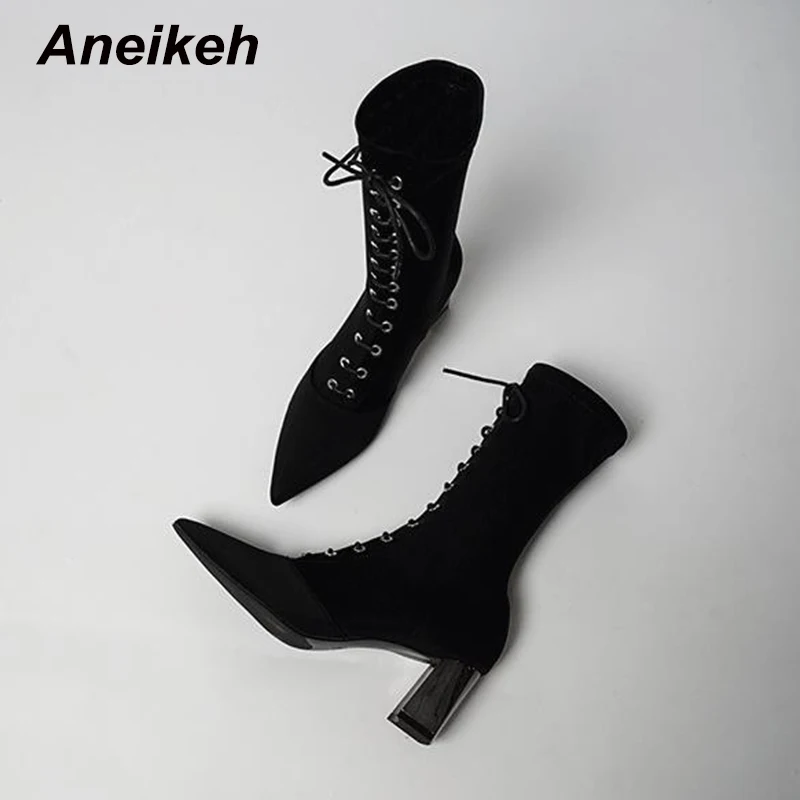 Aneikeh/женские ботинки эластичные ботинки до середины икры с острым носком обувь на высоком толстом каблуке женские носки г. Весна - Цвет: Black