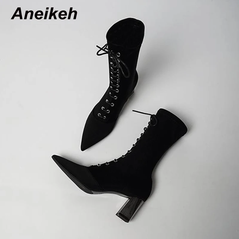 Black Aneikeh/женские ботинки эластичные ботинки до середины икры с острым носком обувь на высоком толстом каблуке женские носки г. Весна - Цвет: Black