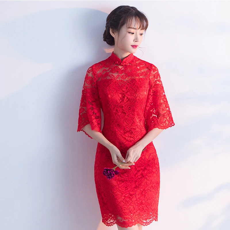 Красные сексуальные кружевные короткие Cheongsam летние винтажные Мини-платья в