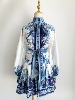 

LouLan Queen Summer Party Beach Shirt Dress Long Sleeve Floral Runway Blue Dress Elegant Women Vestido Vintage Boho