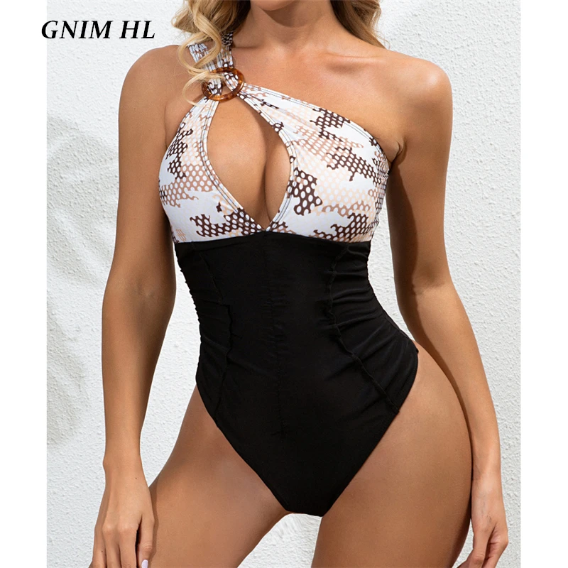 

GNIM One Shoulder Swimwear Women Push Up Patchwork Swimsuit New Arrival Sexy Hollow Out Bikini Mujer 2021 One-Piece Bather Suit