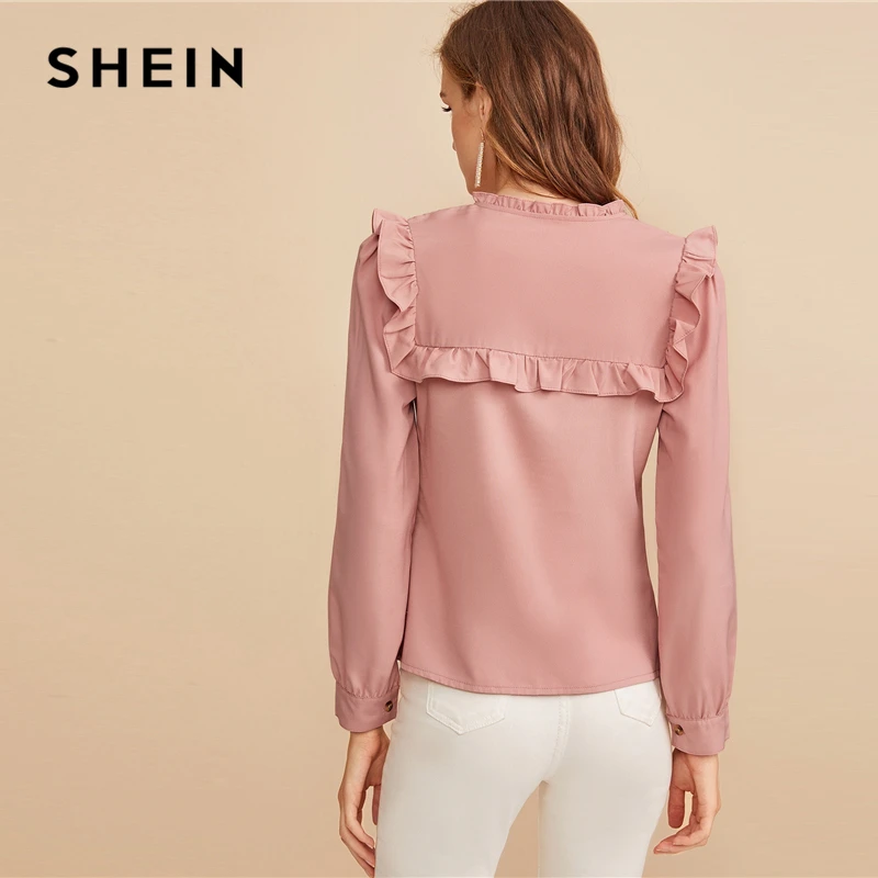 SHEIN розовая вышитая лента панель с рюшами отделка пуговица спереди милая блузка