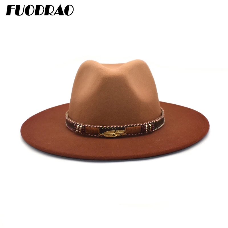 

FUODRAO Winter Men Fedora Hats Tie dye Fedoras Large Brim Wool Panama Women Fashion Cowboy Jazz Cap Bowler Hats D13
