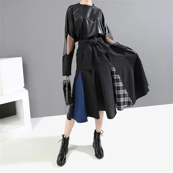 

Korean Designer Fahion Women Skirt 2020 Patchwork Belted High Waist Skirts Black Elegant Office Ladies Gothic Harajuku Skirt