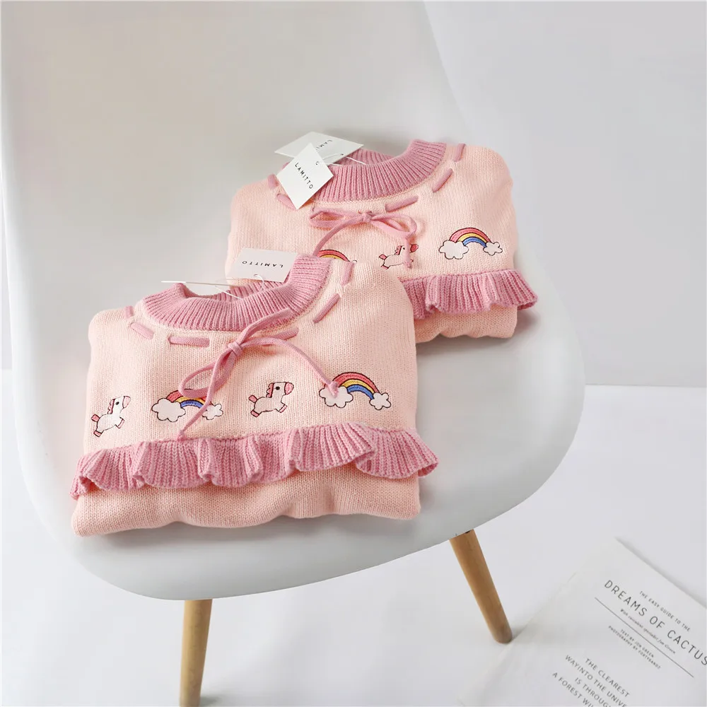Tonytaobaby/осенне-зимнее платье; Новое Детское платье; хлопковый свитер с радужной лошадкой; вязаный свитер; свитера для девочек