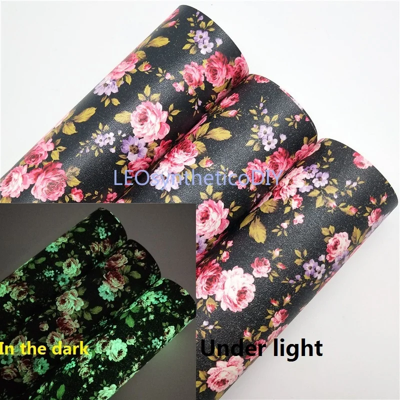 

1PC 21X29CM Glow in the Dark Faux Leather Fabric, Rose Printed Synthetic Leather Fabric For Making Bows LEOsyntheticoDIY T276B