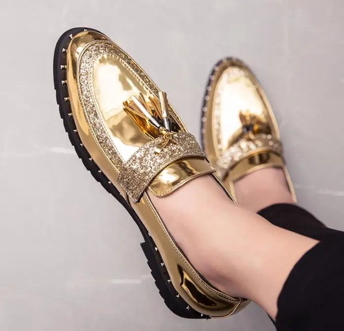 Designer New glitter Gold pointed rivet tassels oxfords shoes Wedding Flats Dress Homecoming Prom Formal shoes zapatos hombre