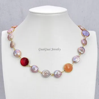 

GuaiGuai Jewelry 18" Purple Coin Keshi Pearl Multi Color Jade Necklace