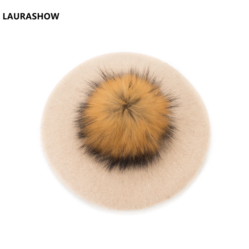 13cm natural pompom Laurashow, детский берет, теплая шерстяная зимняя шапочка, шапка с помпонами из натурального меха, винтажные простые Детские береты для девочек, шапки для родителей и детей - Цвет: 13cm natural pompom