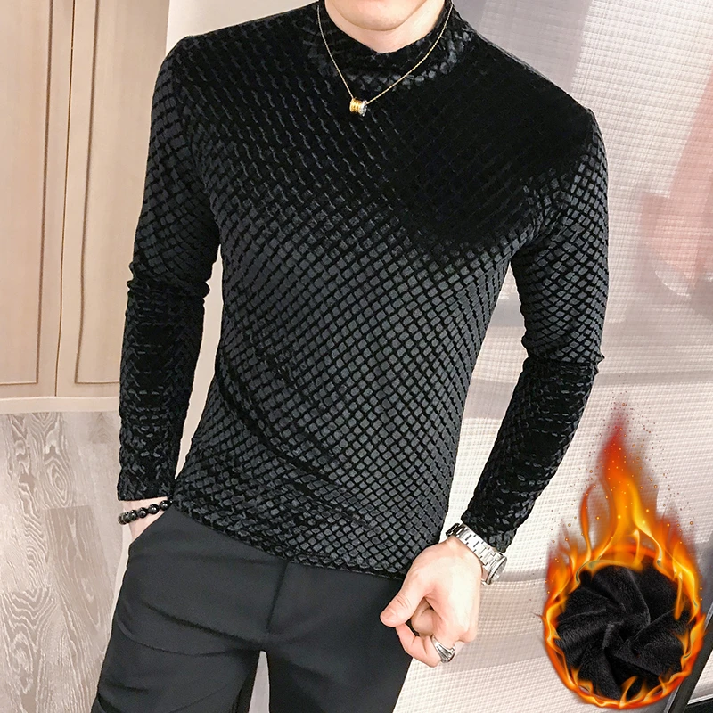 Fashion men plaid sweater long sleeve pullover winter thick warm turtleneck black casual pullover male slim fit knitted sweater