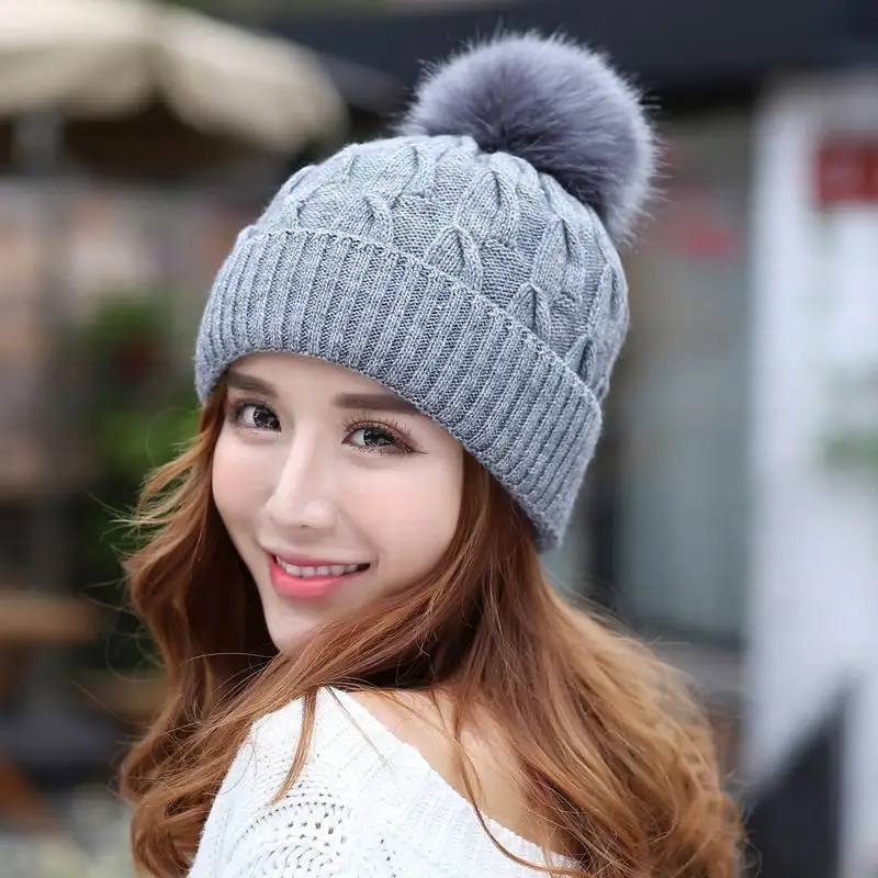 Серый Kagenmo Knitting Wool Rabbit Fur Ball Sweet Miss Cute Winter Ear Warm Headgear Double Thick Fur - Цвет: Серый