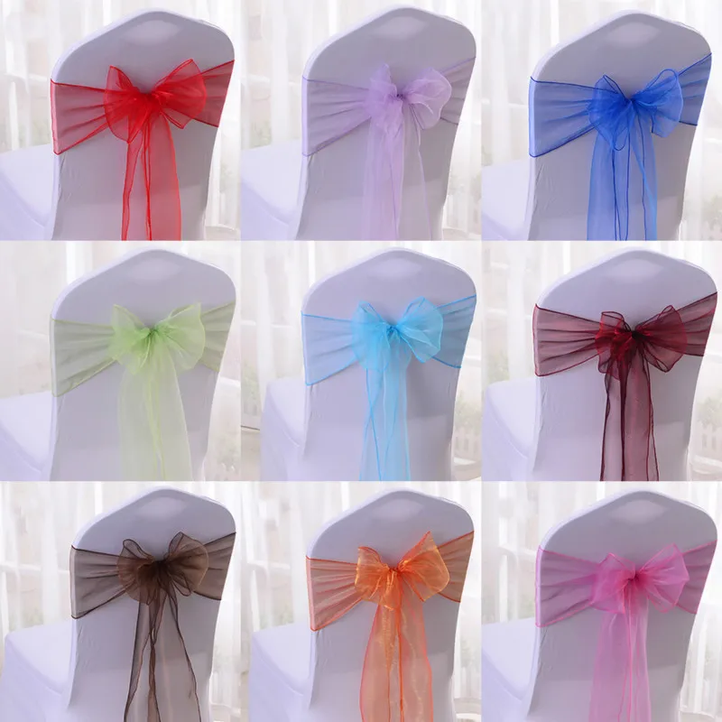 50pcs/set Organza High Quality Chair Sashes Wedding Chair Knot Cover Decoration Chairs Bow band Belt Ties For Weddings Banquet