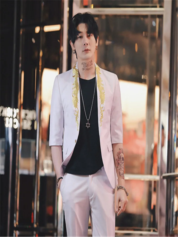 tops+ Pants) Summer British Style Suit Male Korean Version Of The Hair Stylist Personality Embroidery Night Field Sleeve Suit