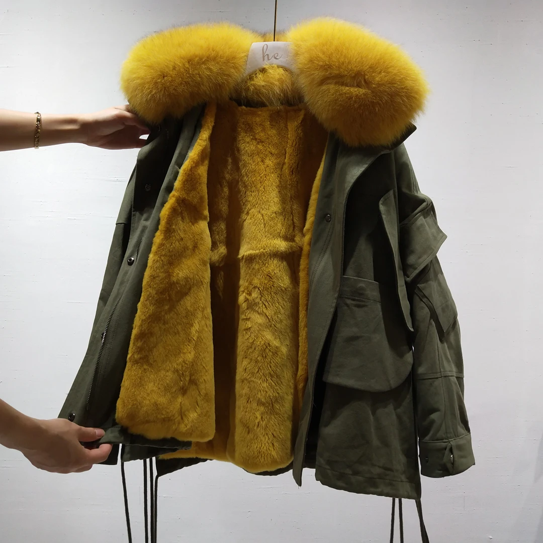 Парка Настоящее меховое Женское пальто winter2019 натуральный настоящий мех кролика Подкладка Верхняя одежда с натуральным лисьим меховым воротником плюс размер Одежда
