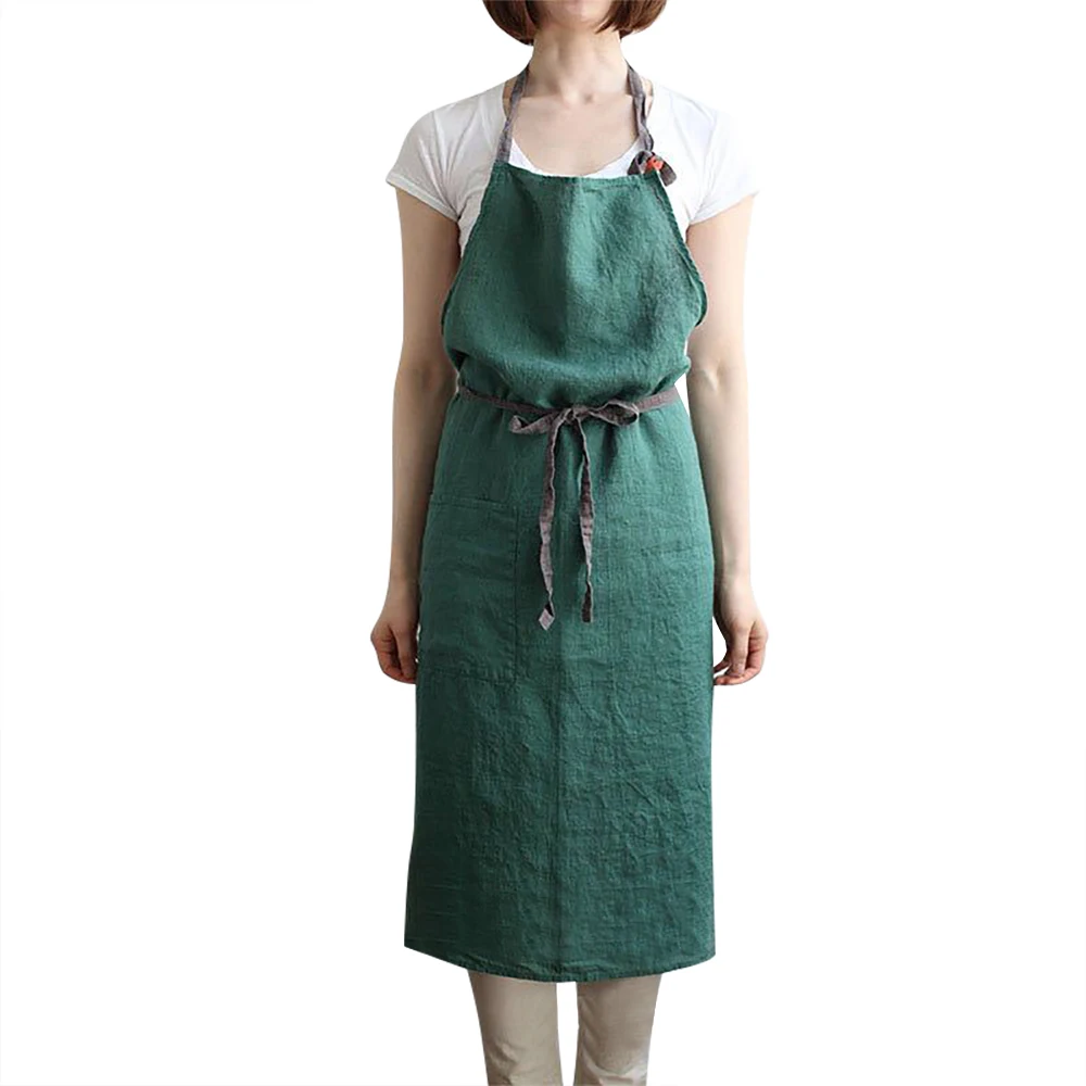 BAVER Premium Fashion Handmade Japanese Style Linen Apron with Packets for Kitchen Coffee Shop Waiter Studio dress - Цвет: Dark green
