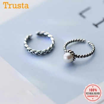 

Trustdavis 925 Sterling Thai Silver Twist Synthesis Pearl Cocktail Opening Ring For Women Wedding Party S925 Ring Jewelry DA182