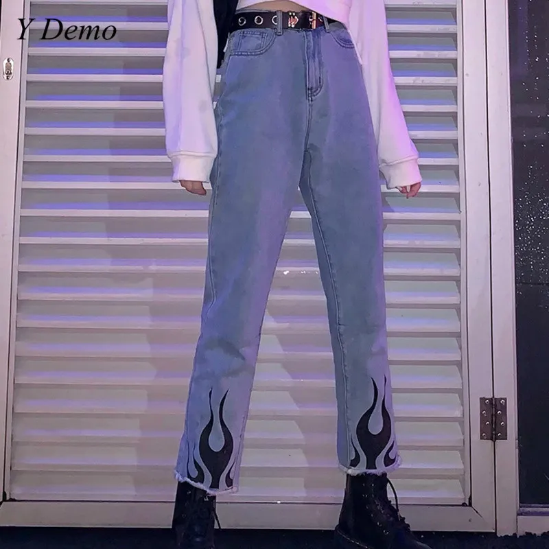 

Streetwear Harajuku Flame Printing Casual Women Jeans Rock Blue Denim Straight Pants