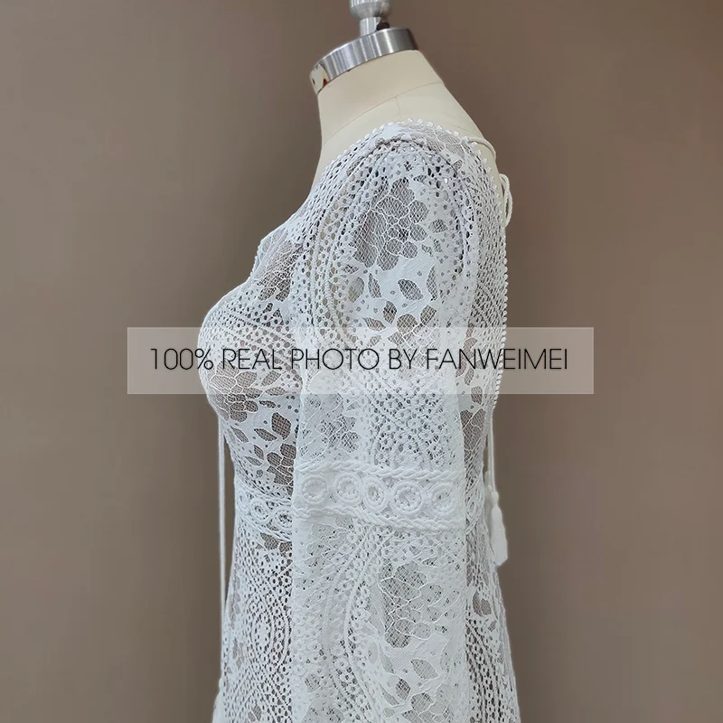 803#2021 New Design Long Lantern Sleeve Empire V-Neck Backless Small Train Beauty Backless Lace Boho Beach Wedding Dresses Women modest wedding dresses