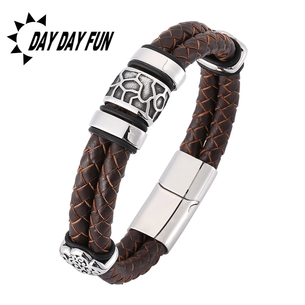 

Newest Punk Male Jewelry Brown Leather Braided Double Rope Bracelets Men S.Steel Magnetic Buckle Leather Wrist Band E0379