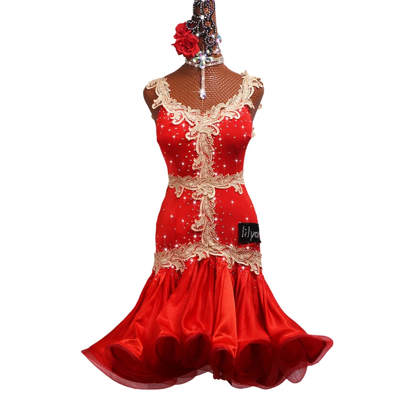 Latin Dance Dress Competition Clothing Performance Dress Prom Party Dress Adult Child Red Embroidered Fishbone Skirt Customized