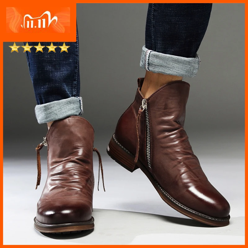 

Men Leather Boots 2021 Fashion High-top Tassel Zip PU Leather Shoes Autumn Winter Ankle Boots Men Martin Boots Plus Size 48
