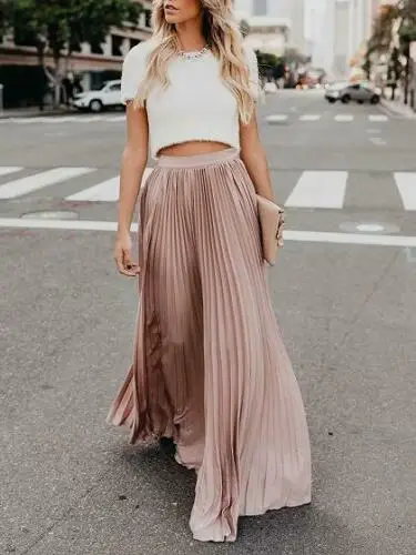 Новая женская плиссированная шифоновая юбка Boho длинная Макси юбка Мода ретро стрейч Высокая талия плиссированная юбка Уличная - Цвет: Розовый