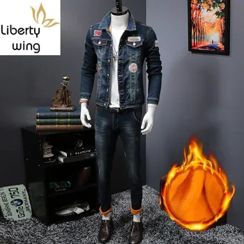 

Winter Men Denim Velvet Thick Coat New Korean Slim Patchwork Warm Cowboy Jackets Tops Biker Trousers Two Piece Set Male S-3XL