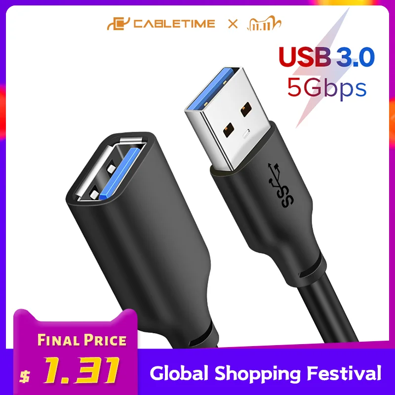 

CABLETIME USB Extension Cable USB 3.0 to USB M/F Cable 5Gbps for TV Smart PS4 X box SSD USB Extender Data Cord C267