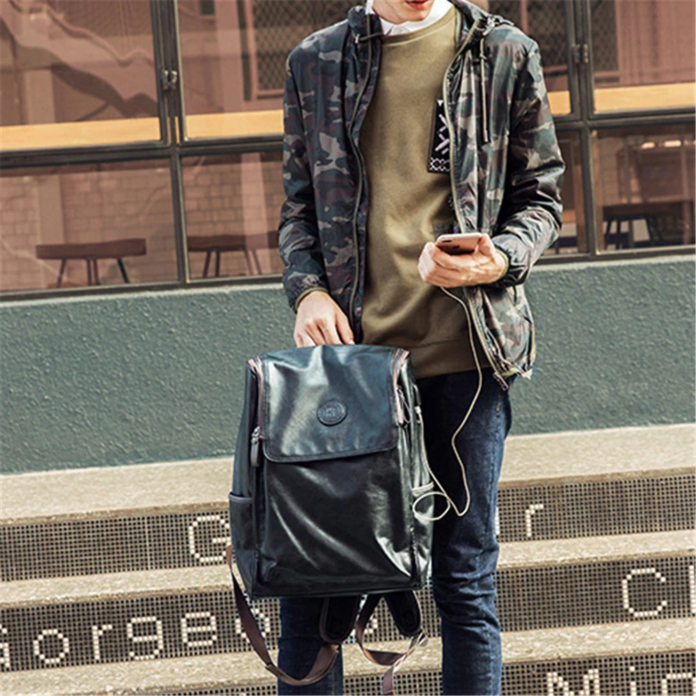 Genuine Leather Men Backpack USB Laptop Bag Flap-cover Weekend Travel Knapsack for Male Teenagers Women Zipper Notebook Bags