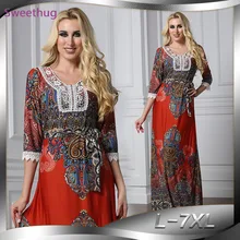 

2021 L-7XL Print Bohemia Dress Women Africa Ethnic Clothing Half Sleeve Beach Long Dresses Dubai Arab Abaya Kafan Muslim Robe