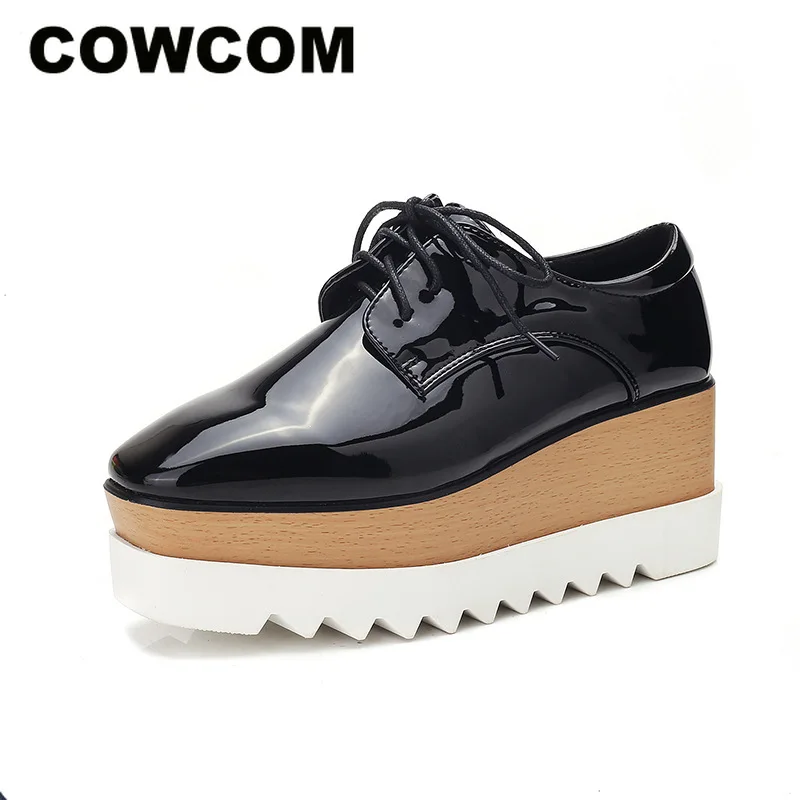 

COWCOM British Bottom Pine Cake Shoes Women's Winter Tether Lacquer Skin Deep Mouth Shoes High Heels Women Sneakers HZB-763-8