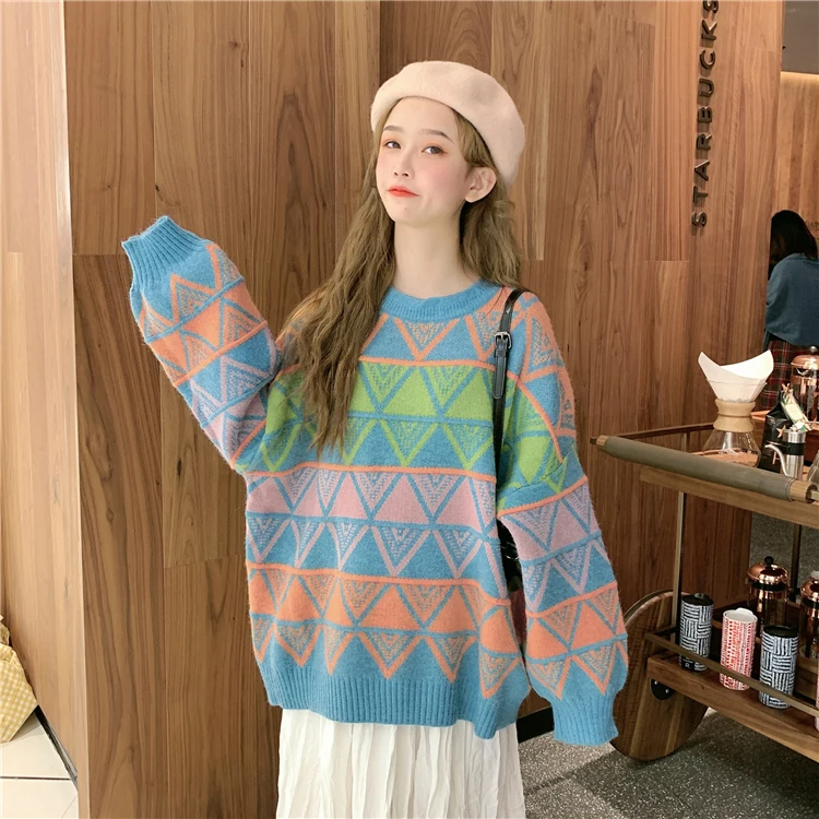 Harajuku лоскутный женский синий свитер с круглым вырезом, новые свободные Весенние женские пуловеры, топы с зелеными рукавами orangelong для осени