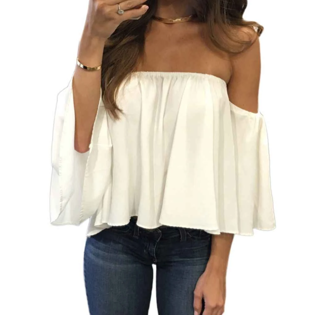 Elegante blusa informal con descubiertos para mujer, Tops sin tirantes, Color puro, blusas con mangas acampanadas|Blusas y camisas| - AliExpress