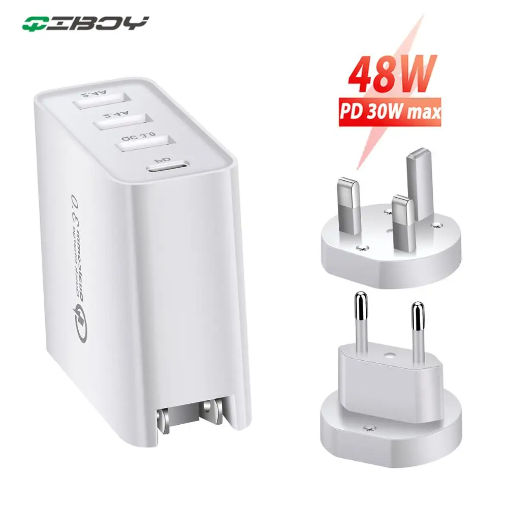 

48W 4 Ports Fast PD Charger Type-C Wall Charge QC 3.0 Charging For iPhone 11 8 Huawei Samsung S8 Mobile Phone Travel USB Adapter