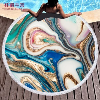 

GRIDILANGO Golden Green Marble Ripple Round Beach Towels Colorful Glitter Rock Stone Towels With Tassel Swim Yoga Mat Dropship