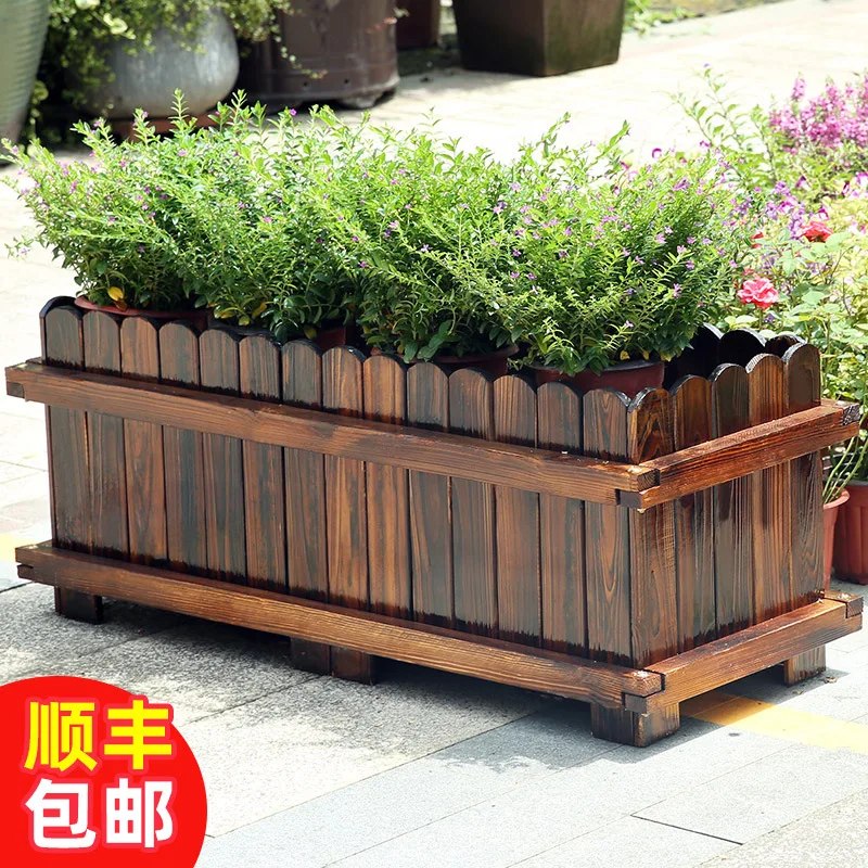 

Wood Preservative Flower Box Engineering Rectangular Carbonated Solid Wood Flowerpot Balcony Planting Basin Outdoor Planter Plan