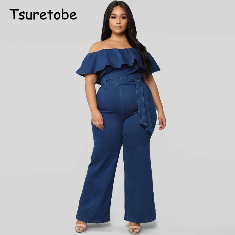 

Tsuretobe Plus Size Fashion Off Shoulder Jumpsuit Ruffle Women Bandage Slash Neck Romper Backless Sashes Overalls Zipper Outfits
