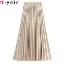 Зимняя плиссированная Длинная женская юбка, новинка, Корейская Базовая шерстяная юбка средней длины с высокой талией, Женская замшевая юбка