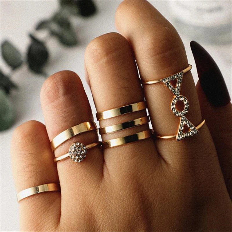 

5 Pcs/set Bohemian Fashion Gold Geometric Punk Crystal Ring Set Ladies Party Wedding Jewelry Accessories Christmas Gifts