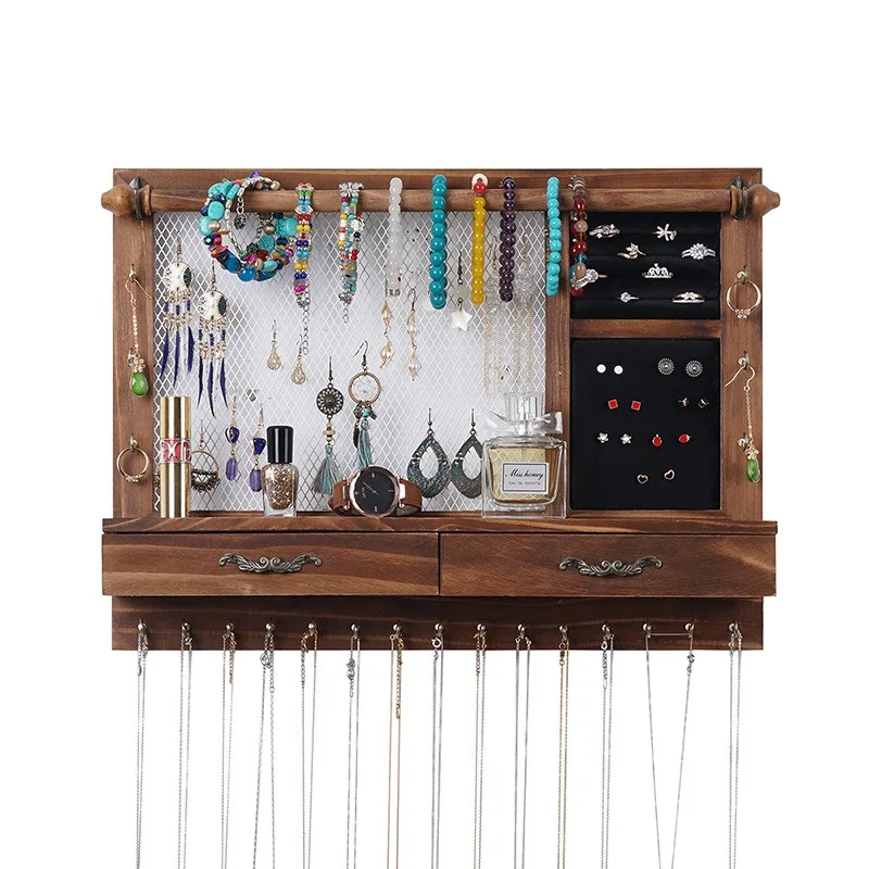

Wall-Mounted Jewelry Display Rack With Drawer Solid Wood Storage Rack For Necklace, Earring, Bracelet, Jewelry Storage