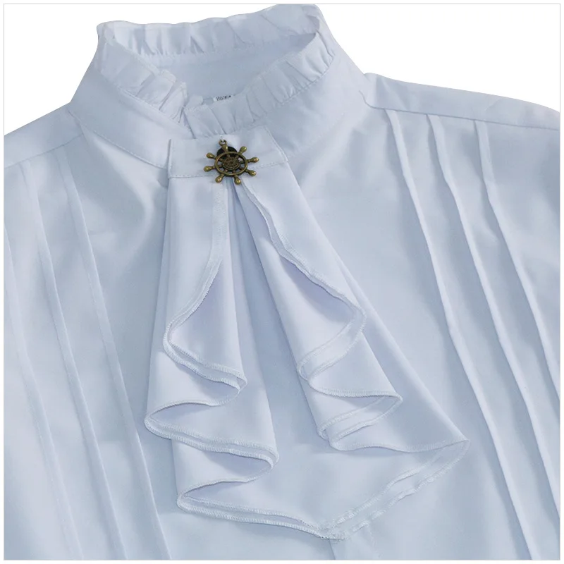 White Cotton Ruffles Stand Collar Lantern Sleeve Victorian Goth Shirt Men Medieval Top Vintage Clothes Male Party Banquet Wear