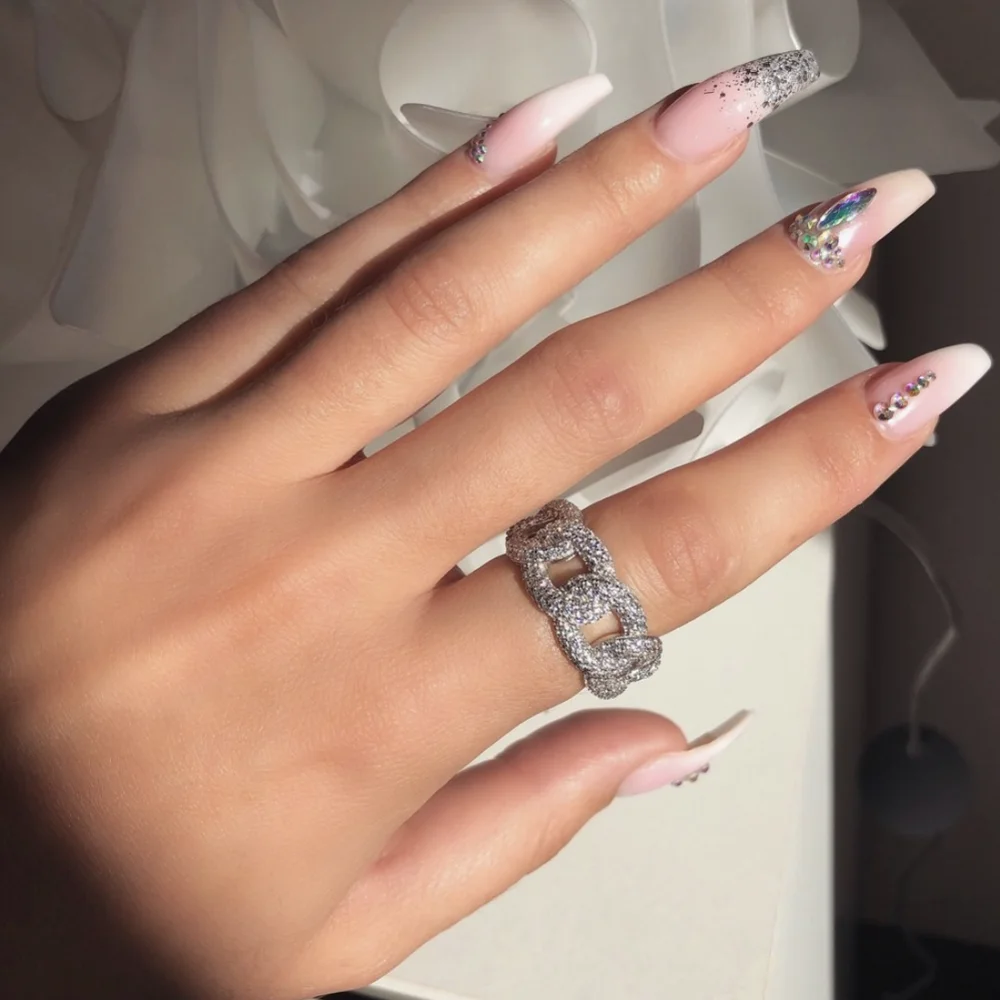 

Luxury Hollow out Chain painting full Diamond Ring Wedding Jewelry Sparkling 925 Sterling Silver White topaz Rings For Women