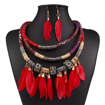 

2Pcs Feather Tassel Charm Multilayer Choker Lady Statement Necklace Earrings Set